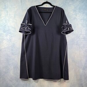 Zara Basic Navy Blue Shift Dress White Piping Bow Sleeve V-Neck Plus Size XXL